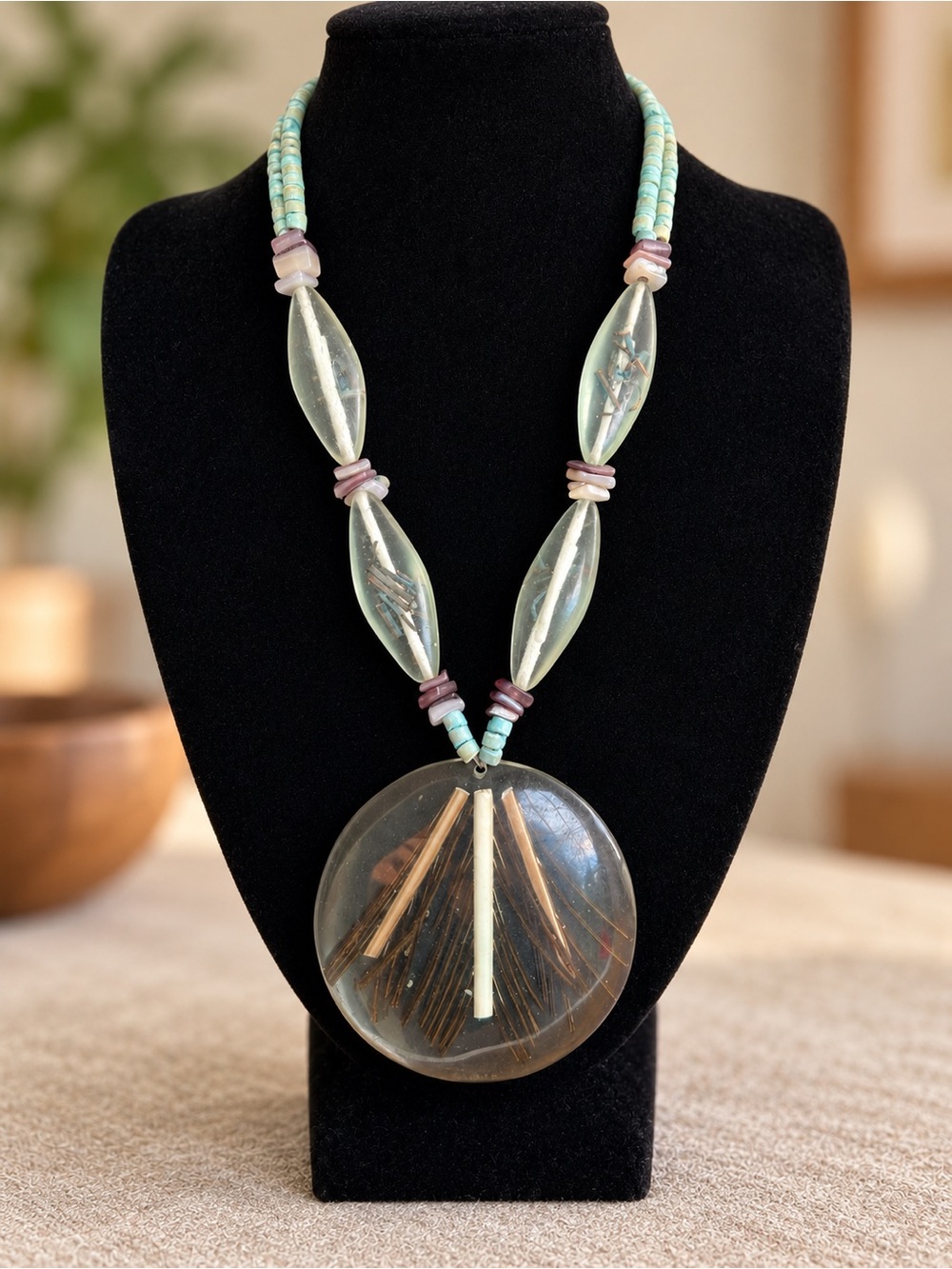 Southwestern Style Resin Statement Necklace Porcupine Quill Turquoise Color Boho